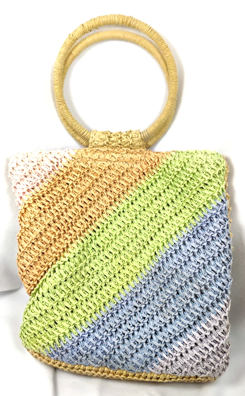 Woven Straw Handbag Pastel Colorblock Tote Circle Handles Coastal Beach Boho